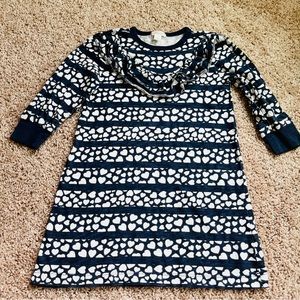 Crewcuts Size 5 Navy + White Hearts Long Sleeved Striped Dress With Ruffles.